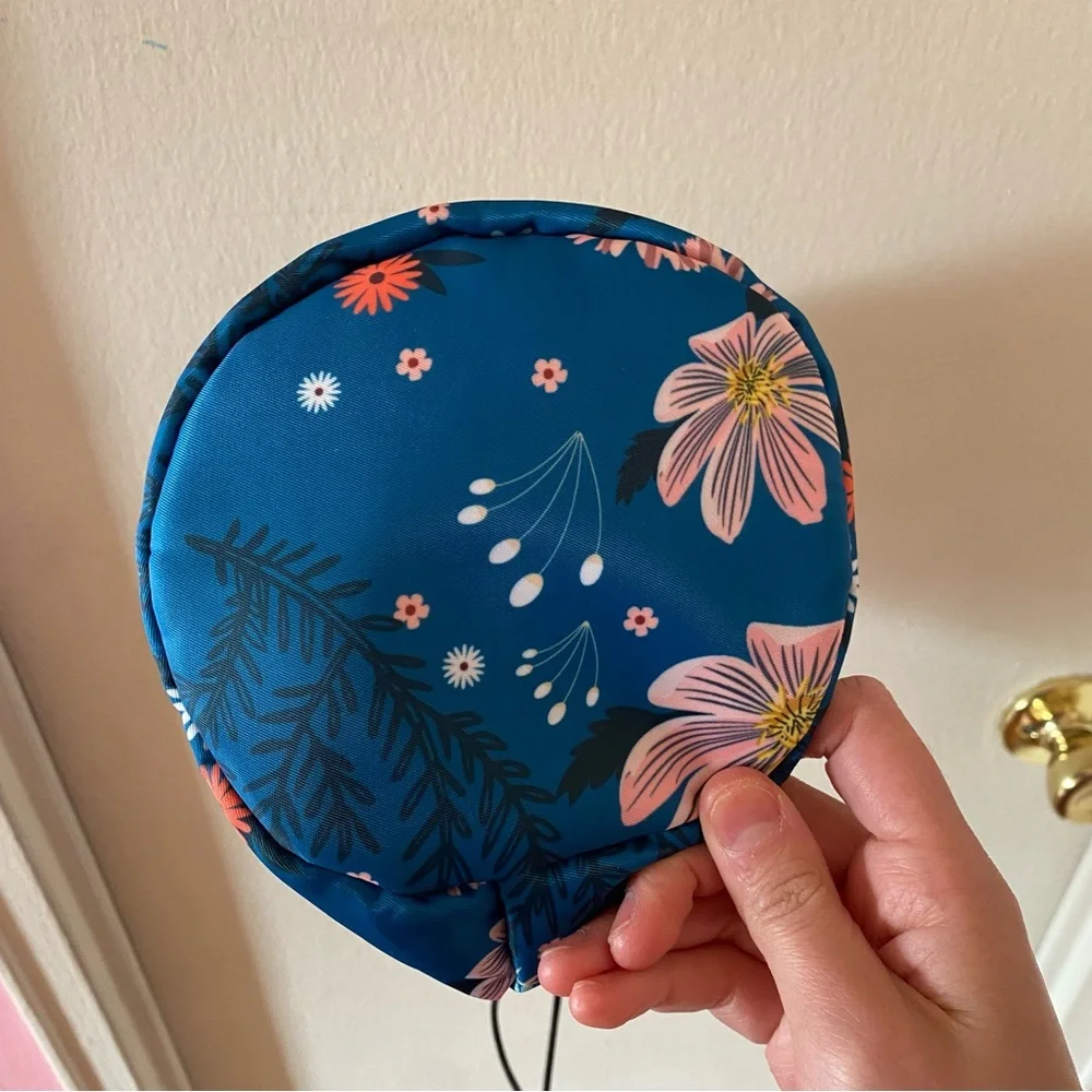 Blue and Pink Floral Print Cylinder Makeup Pouch with Drawstring